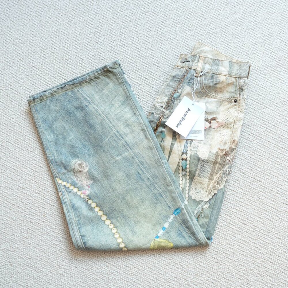 Acne Studios Lace and Pearl Chain Print Wide-Leg Denim Trousers - Picture 9 of 9